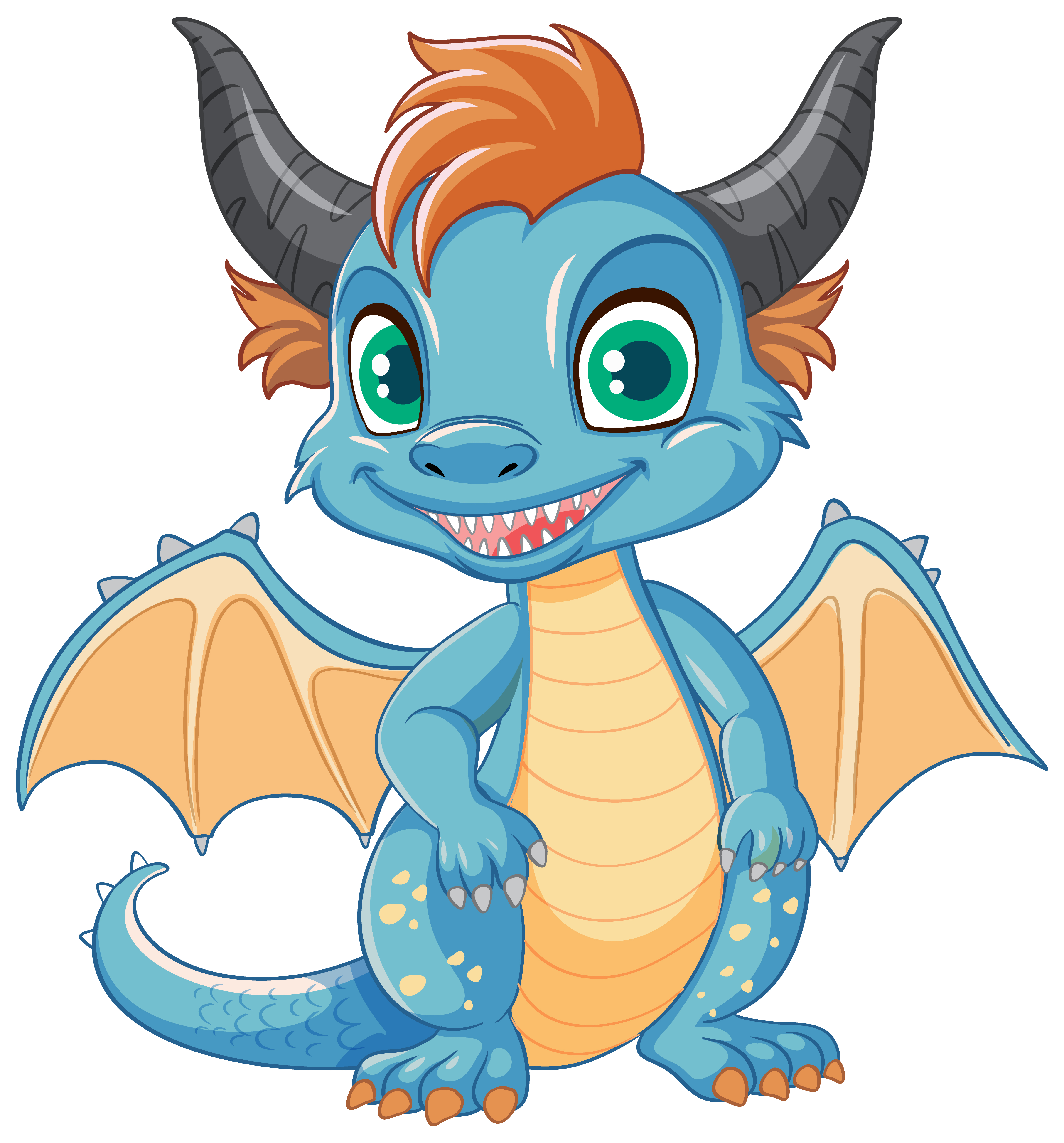Happy blue cartoon dragon smiling illustration