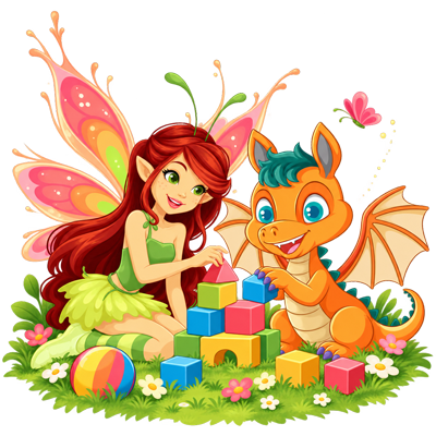 Zână și dragon jucându-se cu cuburi într-un decor cu flori și iarbă, ilustrând intervențiile terapeutice prin joc pentru copii