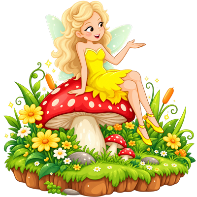 Zână blondă așezată pe o ciupercă, într-un decor cu flori și iarbă, ilustrând pagina de Psihopedagogie pentru copii