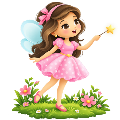 Zână în rochie roz, într-un decor cu iarbă și flori, ilustrând serviciul de consiliere parentală