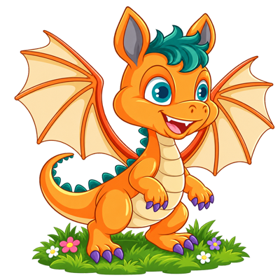 Dragon portocaliu într-un decor cu iarbă și flori, ilustrând serviciul de logopedie pentru copii