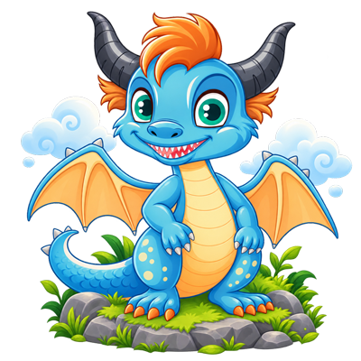 Dragon albastru într-un decor cu iarbă, pietre și nori, ilustrând terapia de integrare senzorială pentru copii